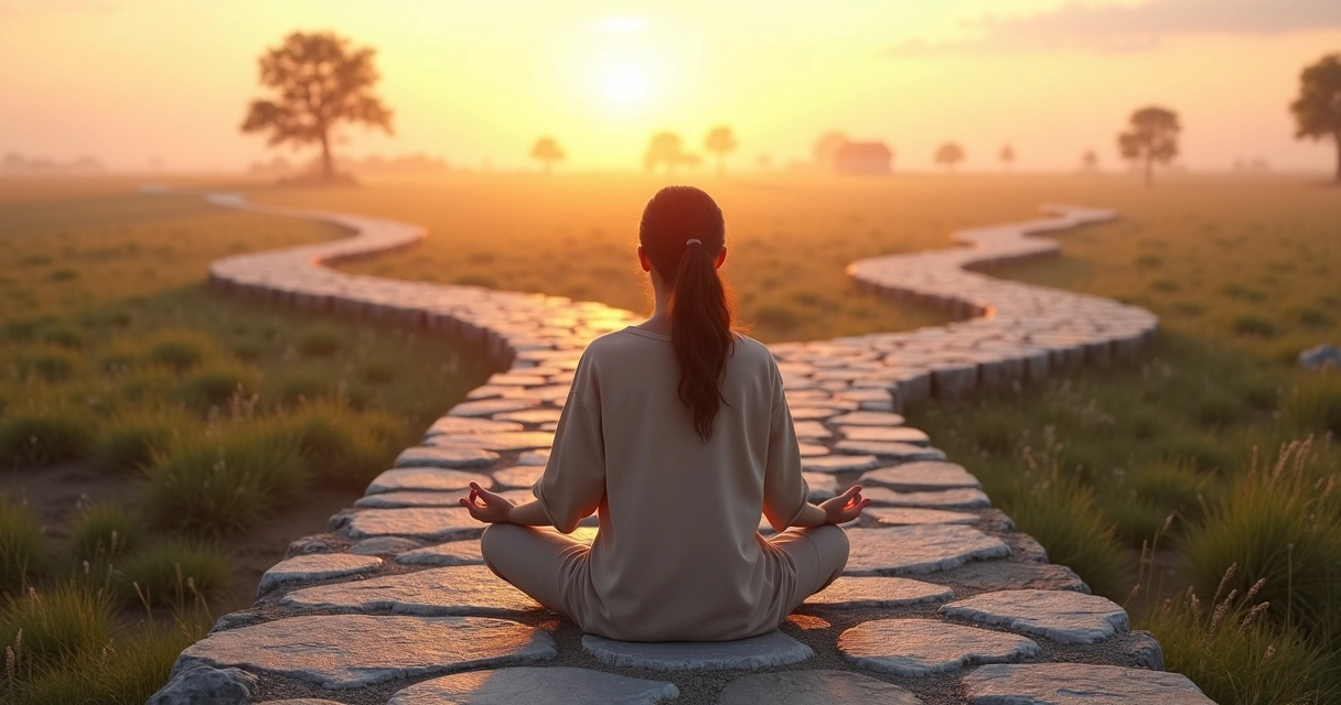 Pessoa meditando em uma encruzilhada com caminhos representando novos hábitos 