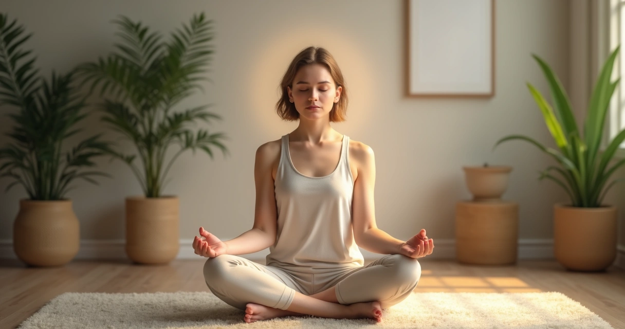 Pessoa sentada meditando com expressão serena 