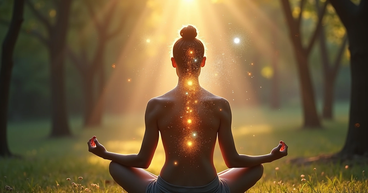 Pessoa sentada em posição de meditação em um ambiente natural, com símbolos fluindo ao redor. 