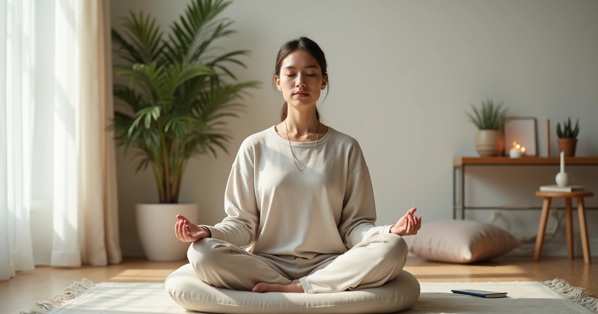 Pessoa meditando em sala clara com luz suave entrando pela janela 