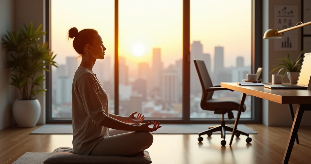 Profissional sentado meditando em frente ao notebook em um escritório moderno 