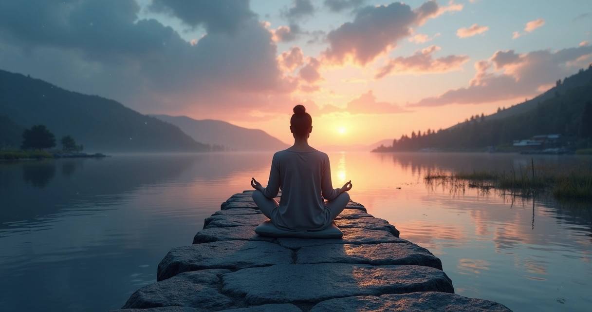 Pessoa sentada em meditação no meio de uma ponte entre noite e amanhecer 