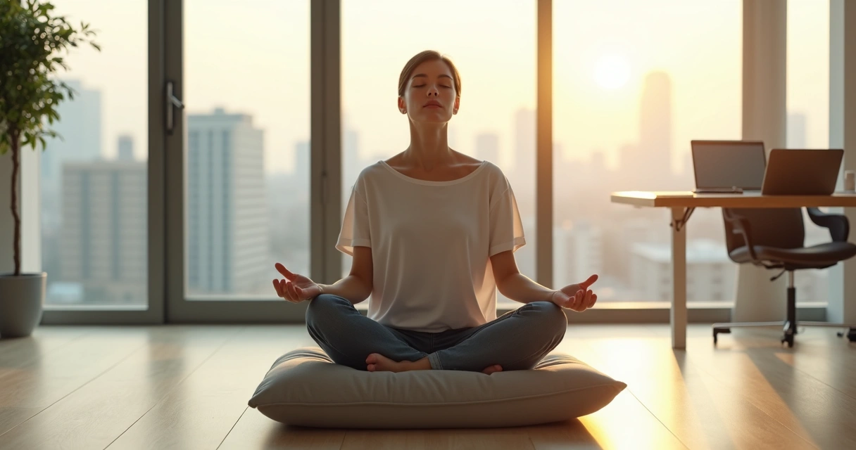 Profissional sentado em meditação diante de janelas com paisagem urbana ao amanhecer 