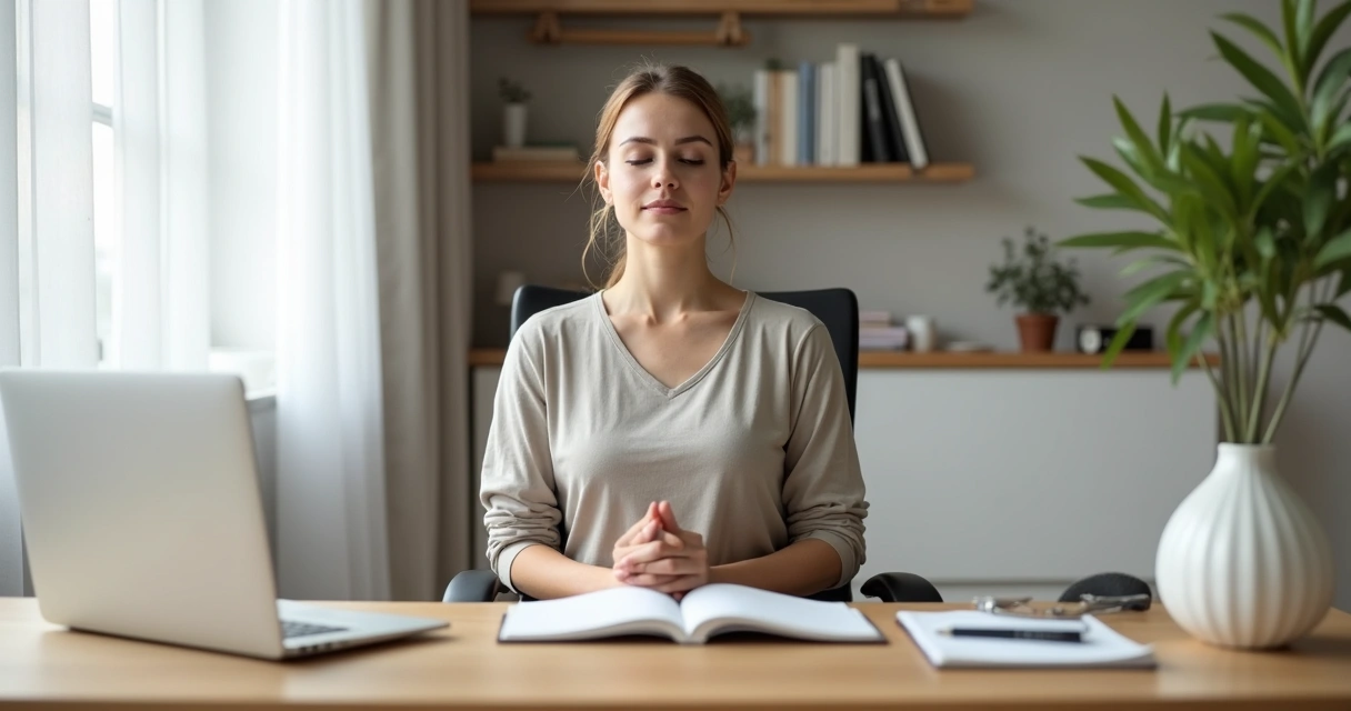 Pessoa em mesa de trabalho fazendo pequena meditação entre tarefas com ambiente calmo e organizado 