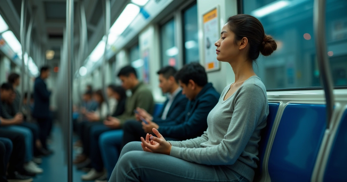 Pessoa sentada em metrô cheio meditando com olhos fechados e coluna ereta 