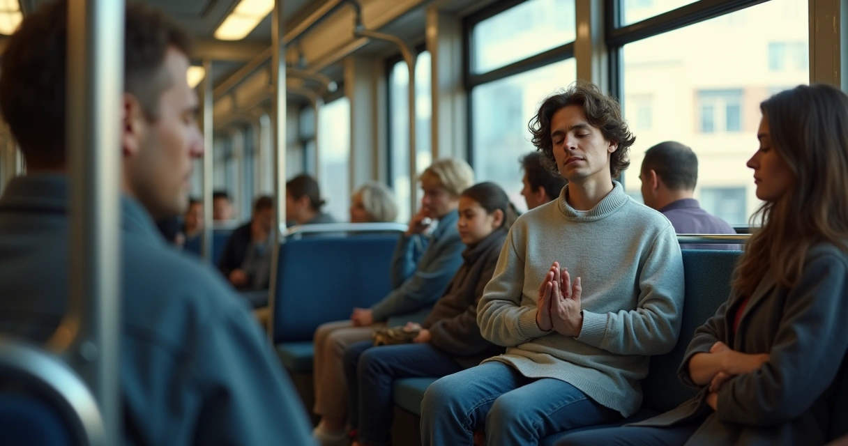 Pessoa praticando meditação durante deslocamento em transporte público 