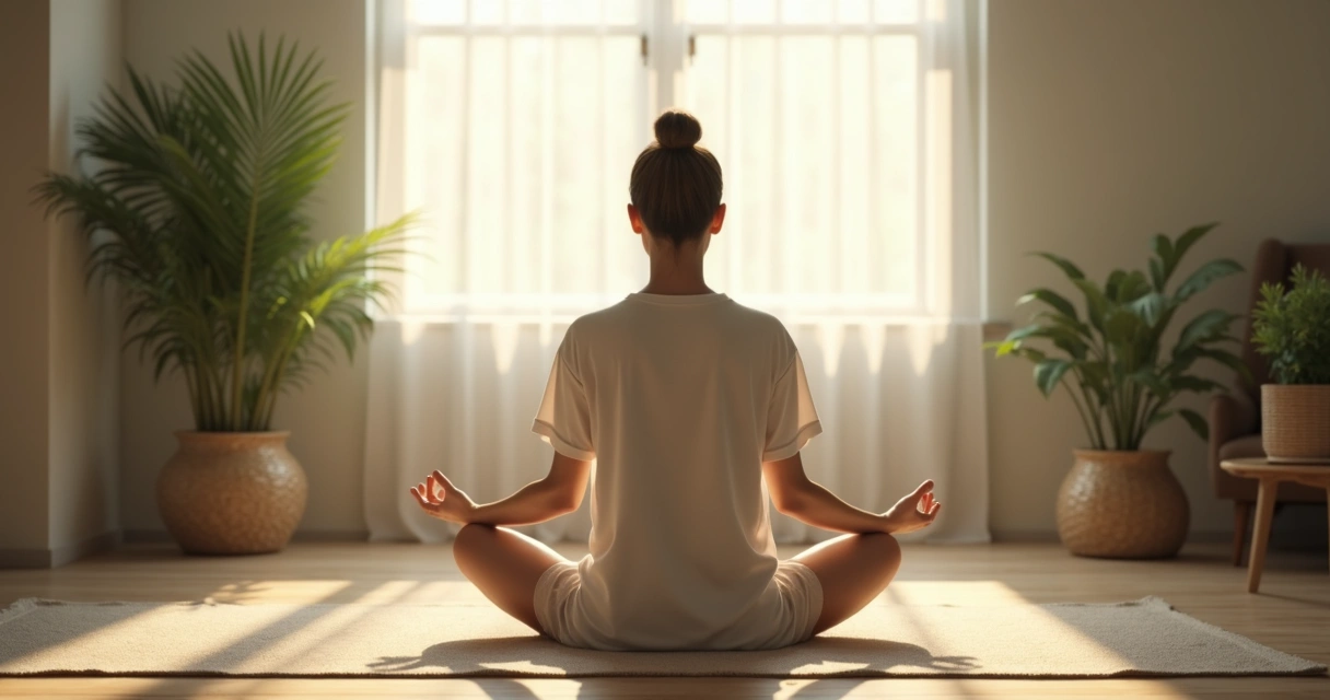 Pessoa sentada em posição de meditação em um ambiente calmo, luz suave entrando por uma janela, plantas ao redor, trazendo sensação de paz. 