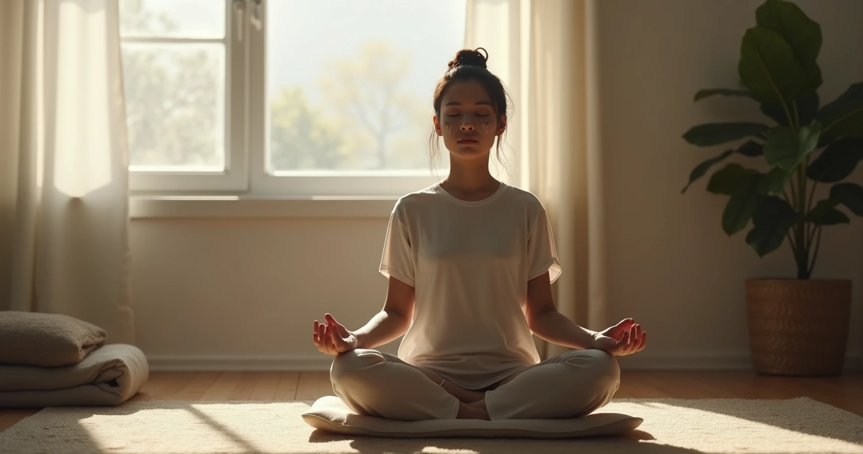 Pessoa sentada meditando em quarto calmo com luz suave pela janela 