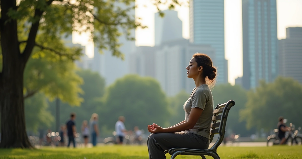 Pessoa sentada em um parque em meio à cidade, olhos fechados e expressão serena, cercada por árvores e prédios ao fundo. 