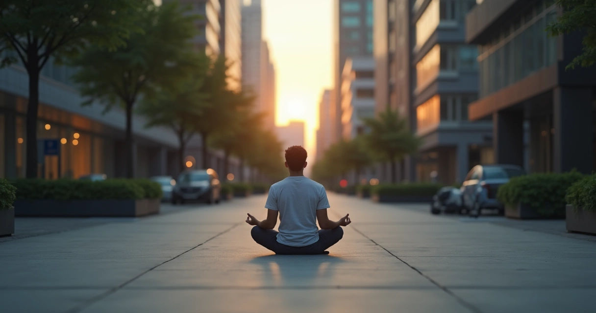 Pessoa sentada em meditação silenciosa no meio de um espaço urbano tranquilo, com luz suave ao entardecer. 