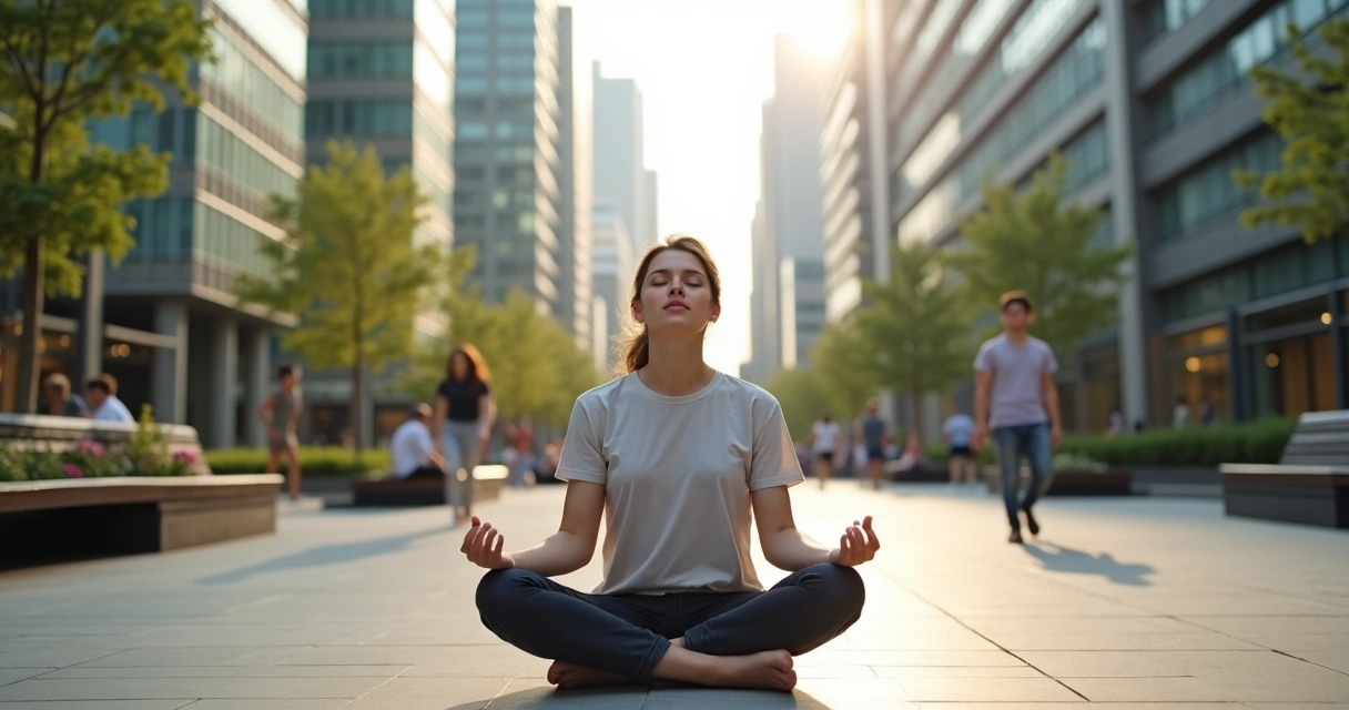 Pessoa sentada em praça urbana praticando mindfulness 