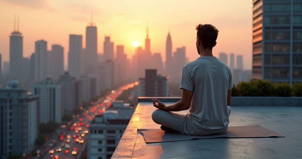 Pessoa meditando em posição de lótus em um terraço com cidade ao fundo 