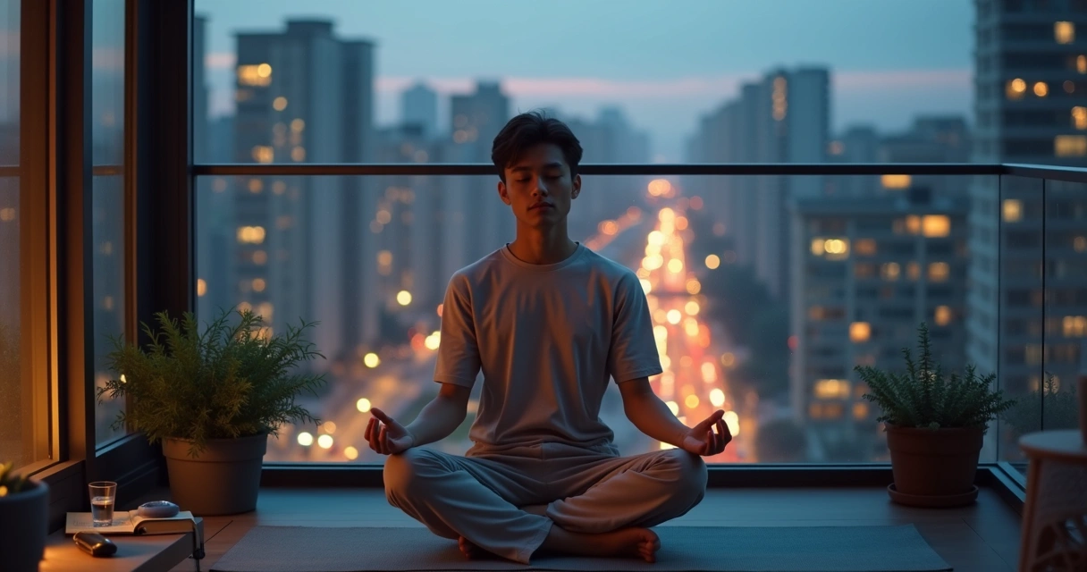 Pessoa meditando em posição de lótus em sacada com cidade iluminada ao fundo 