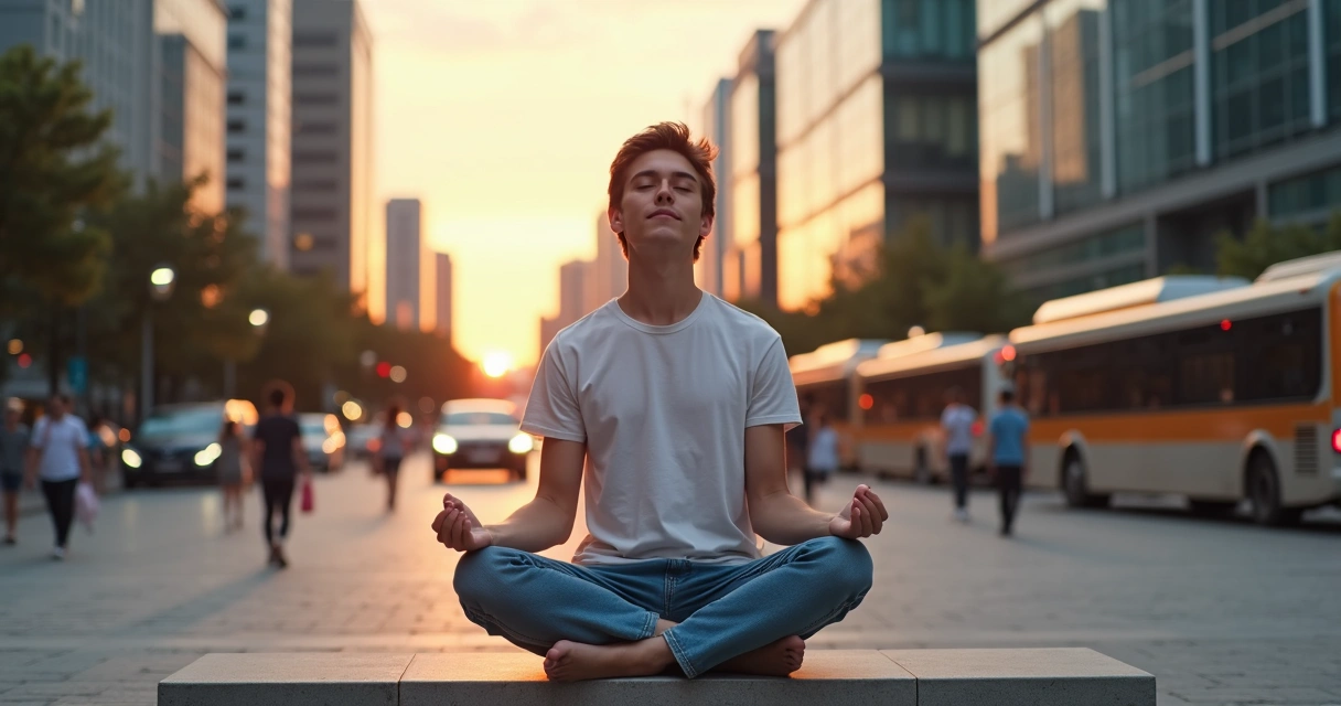 Pessoa meditando em meio a uma cidade movimentada ao pôr do sol 