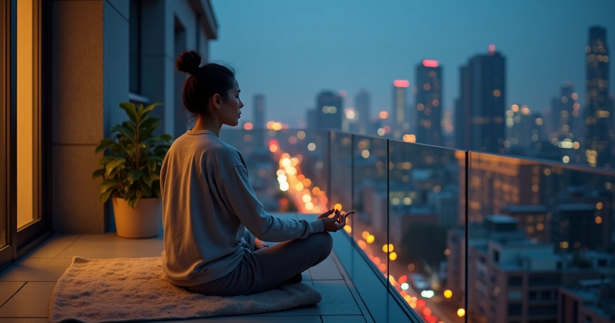 Pessoa meditando em varanda de apartamento com vista para cidade à noite 