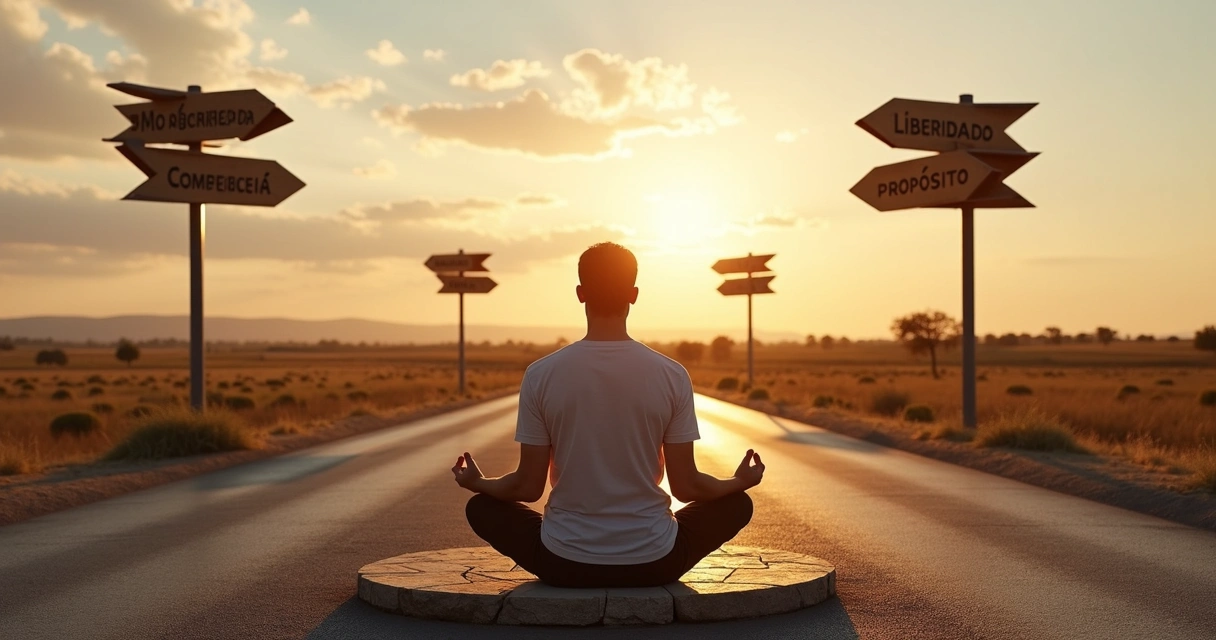 Pessoa em meditação em encruzilhada observando placas com diferentes valores pessoais 