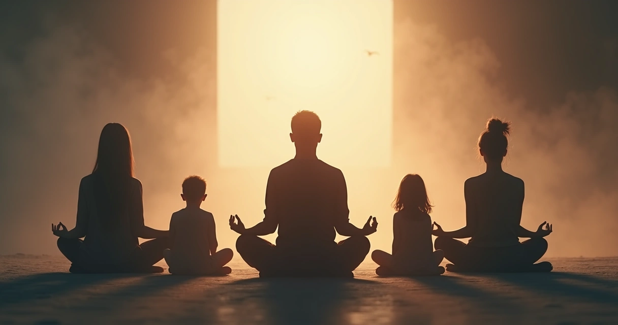 Pessoa sentada em meditação cercada por silhuetas representando familiares
