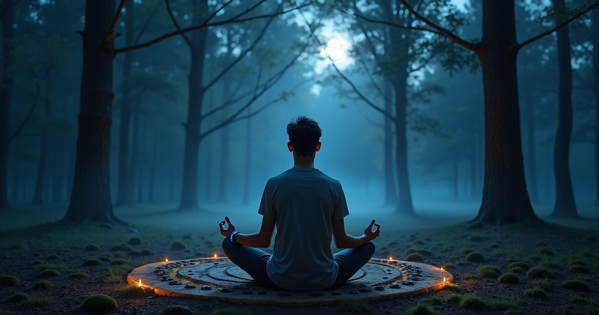 Pessoa meditando com relógio inteligente em floresta iluminada por dispositvos conectados 