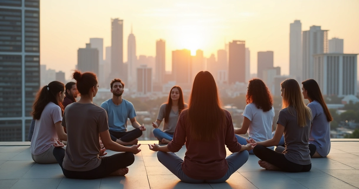 Pessoas meditando em roda no topo de um prédio com vista urbana ao pôr do sol.