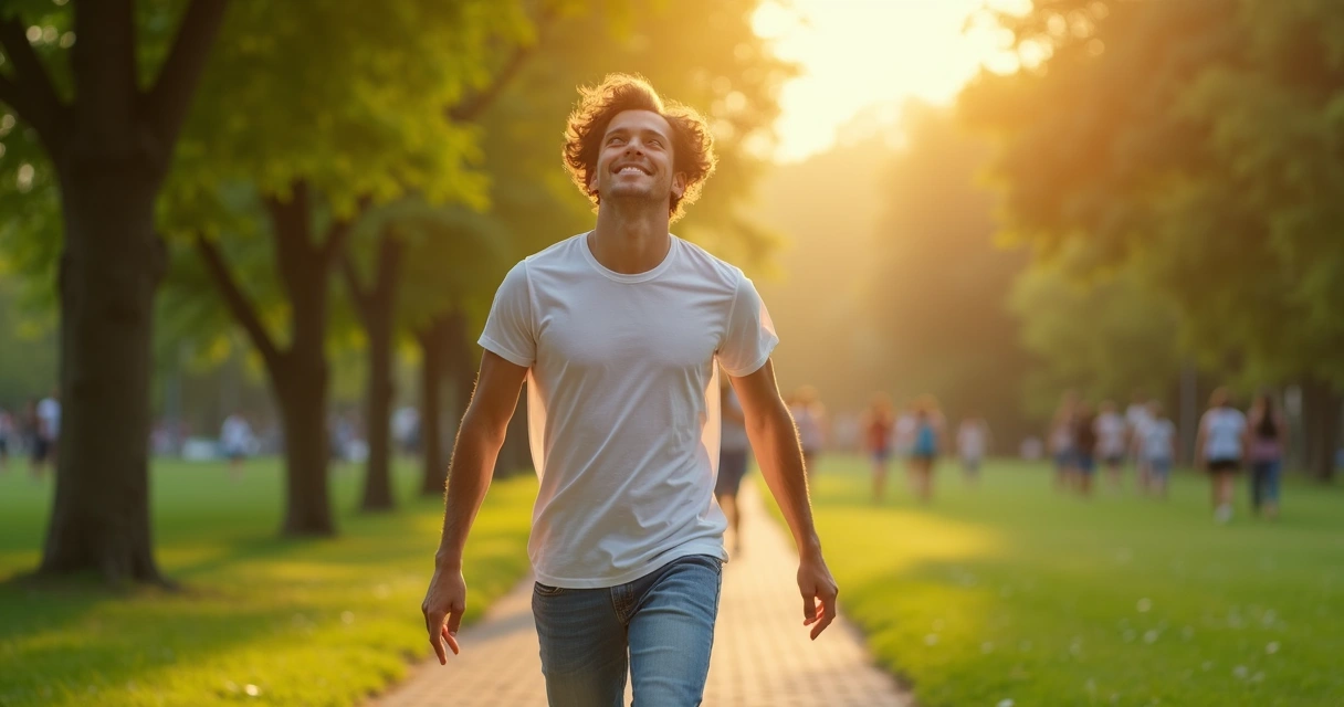 Persona joven caminando con atención plena en un parque verde y soleado