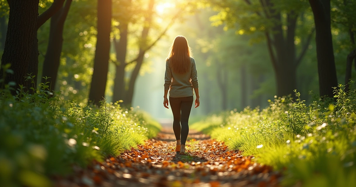 Persona caminando lentamente en naturaleza, brazos sueltos, rodeada de árboles 