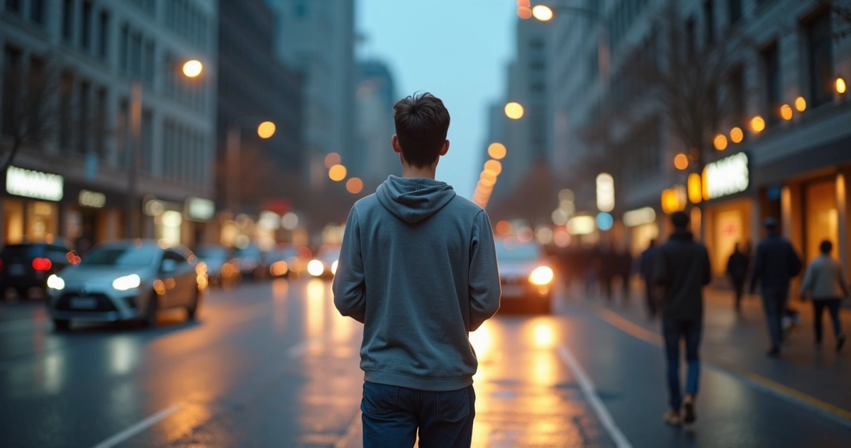 Persona caminando de noche en la ciudad practicando meditacion activa 