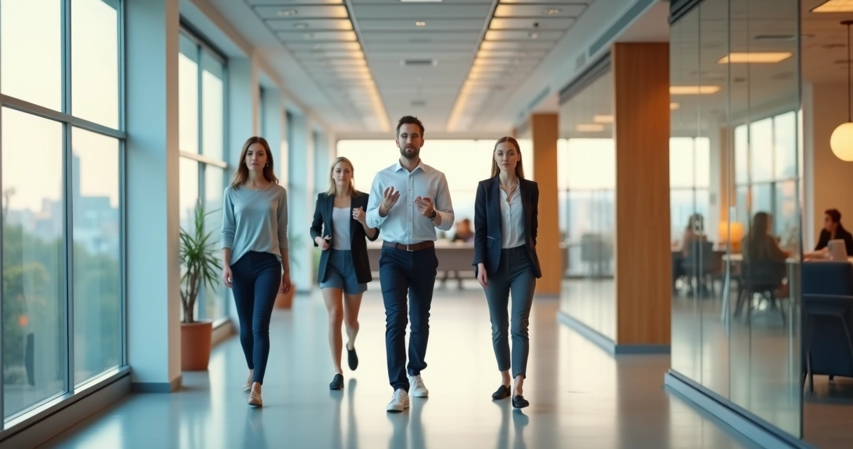 Profesionales caminando conscientemente en pasillo de oficina moderna 