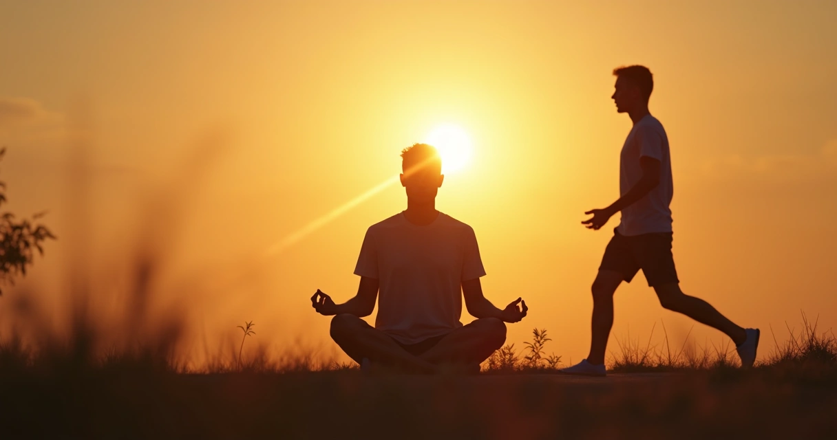 Persona meditando sentada al aire libre mientras otra camina conscientemente cerca 
