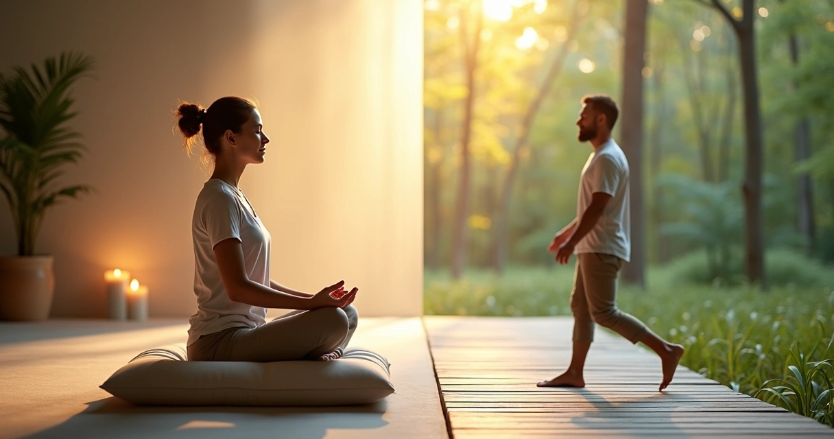Persona meditando quieta frente a otra en movimiento con luz cálida y fría en contraste 
