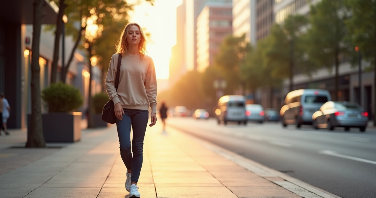 Mujer caminando conscientemente por la ciudad practicando meditación activa 