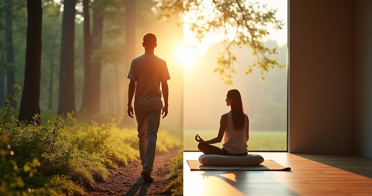 Comparación visual entre meditación activa en movimiento y meditación pasiva sentada 