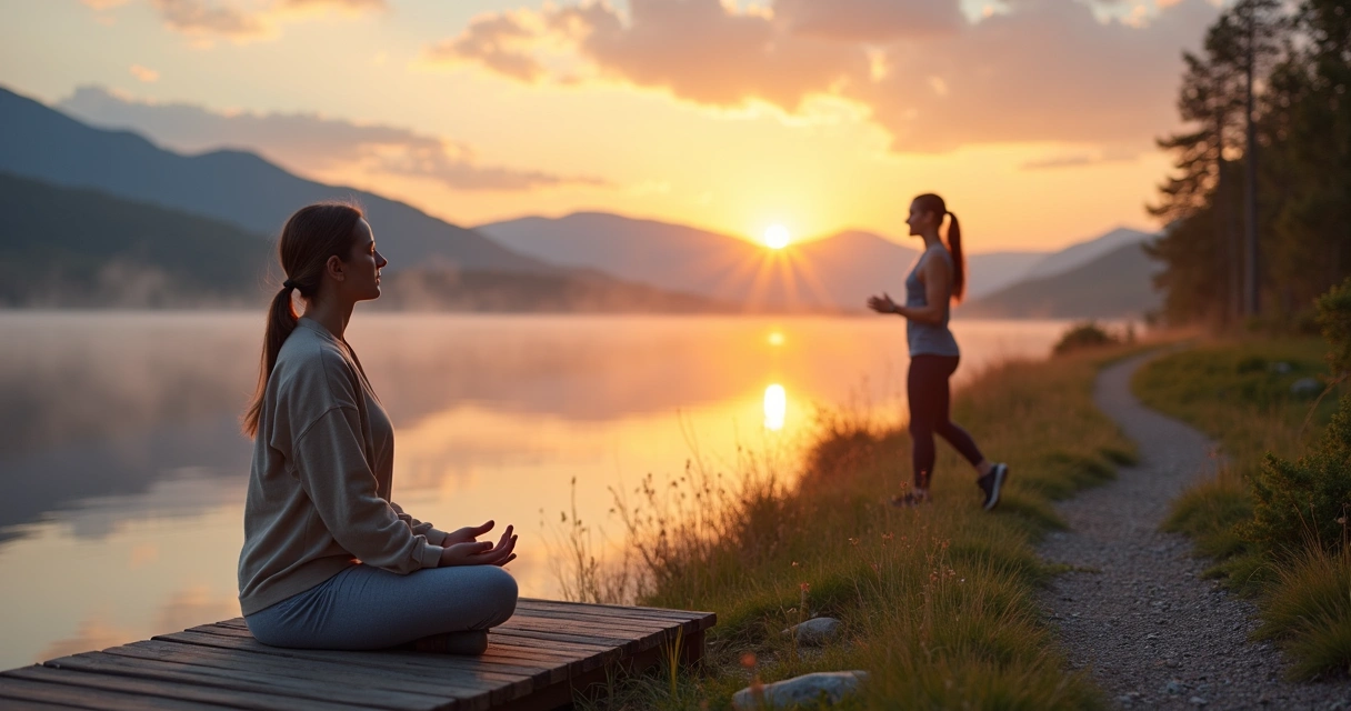 Persona meditando sentada y otra caminando al atardecer junto a un lago tranquilo 