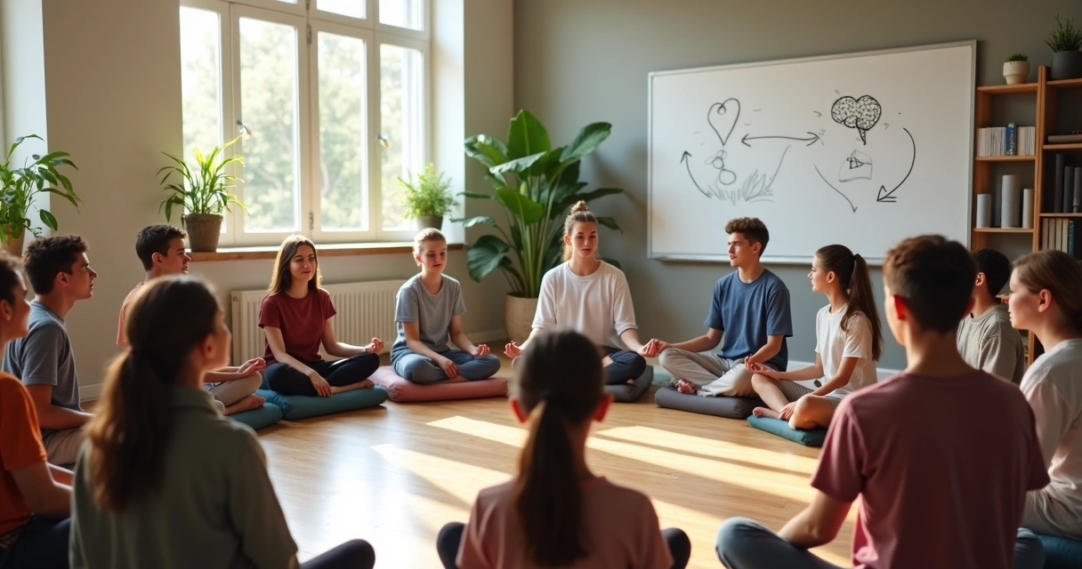 Adolescentes sentados en círculo practicando meditación guiada en un aula luminosa 
