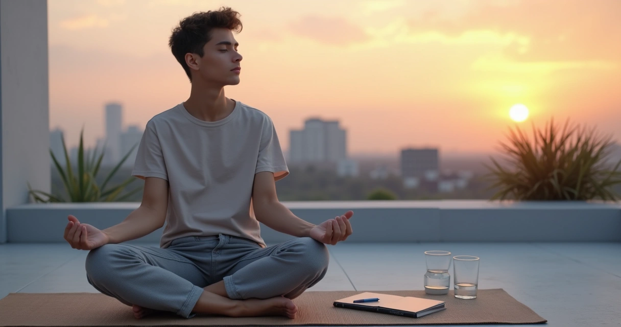 Adolescente sentado meditando al atardecer en un entorno urbano tranquilo 