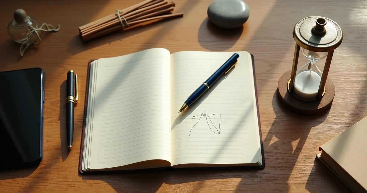 Cuaderno abierto y reloj de arena sobre mesa de madera para meditación analógica 