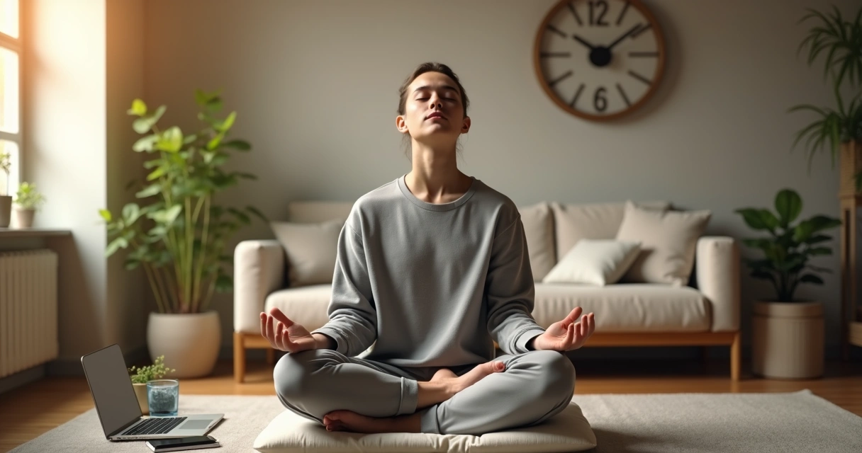 Persona meditando en casa mientras deja atrás la ansiedad cotidiana 