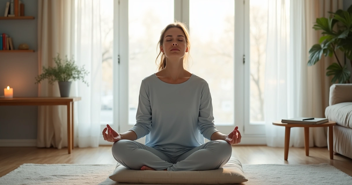 Persona meditando en casa con luz suave y ambiente tranquilo 
