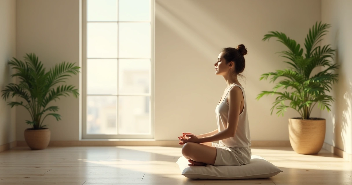 Persona sentada meditando en una sala tranquila con luz suave y plantas