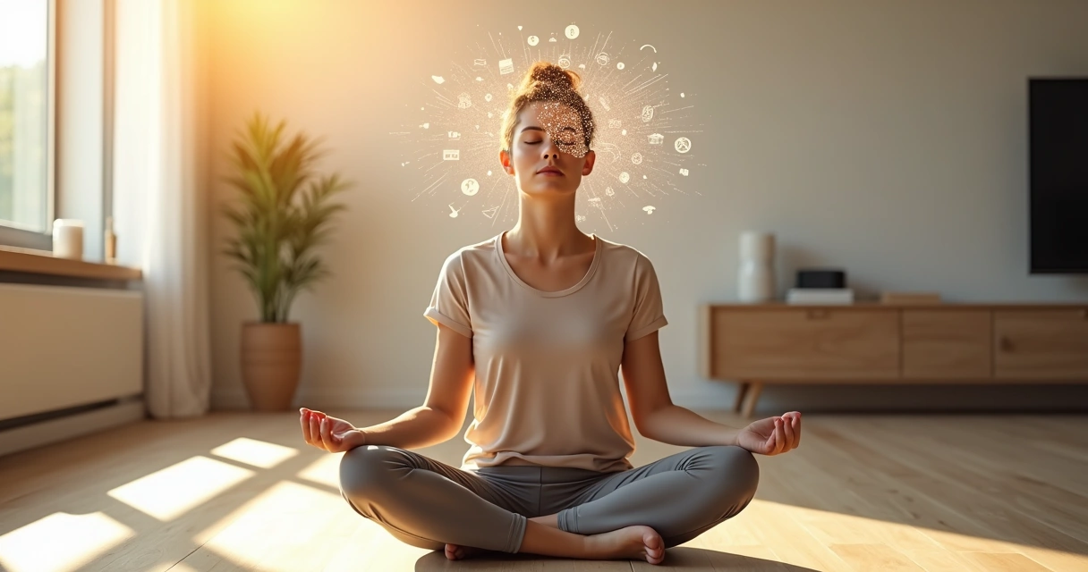 Persona meditando con mente dividida entre calma y caos 