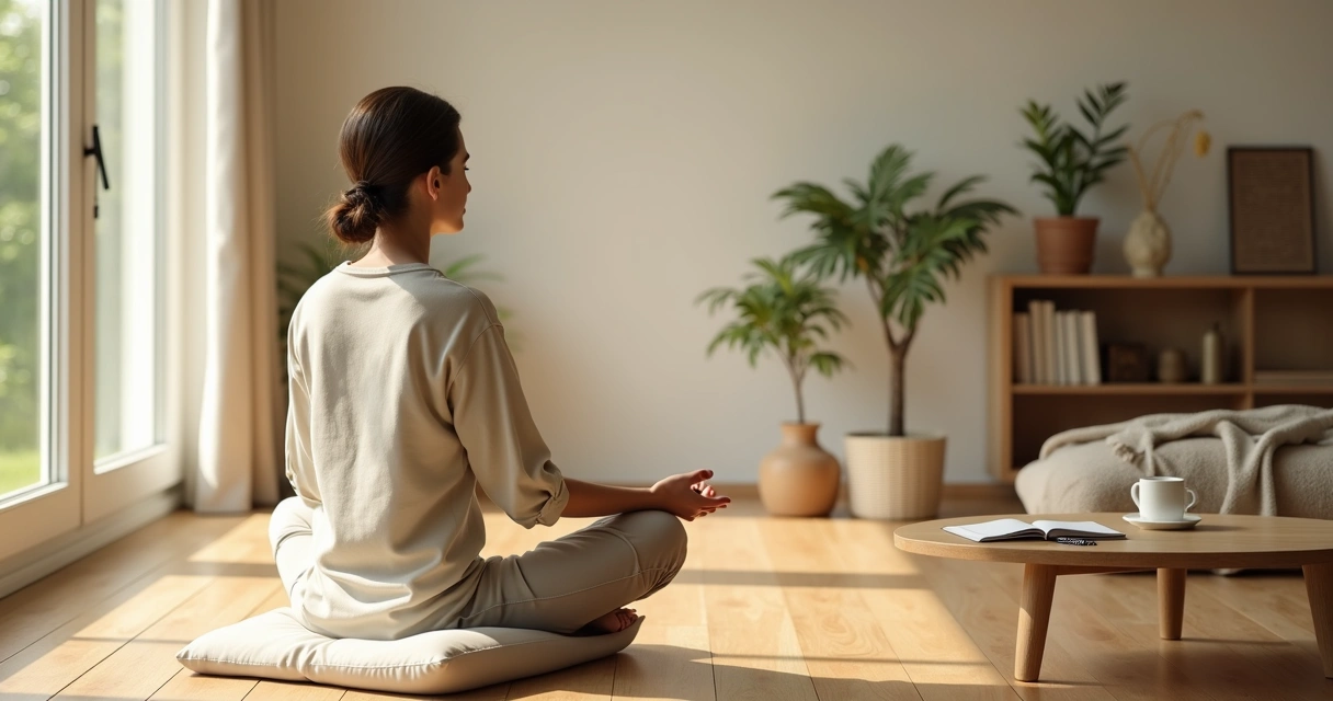 Persona meditando en silencio junto a una ventana luminosa en casa 