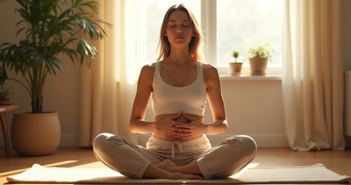 Mujer sentada practicando meditación con ojos cerrados, manos sobre el abdomen, en un ambiente cálido y tranquilo 