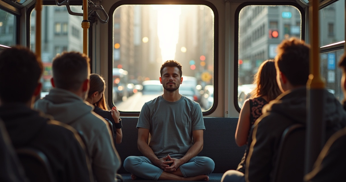 Persona meditando sentada en el autobús de la ciudad 