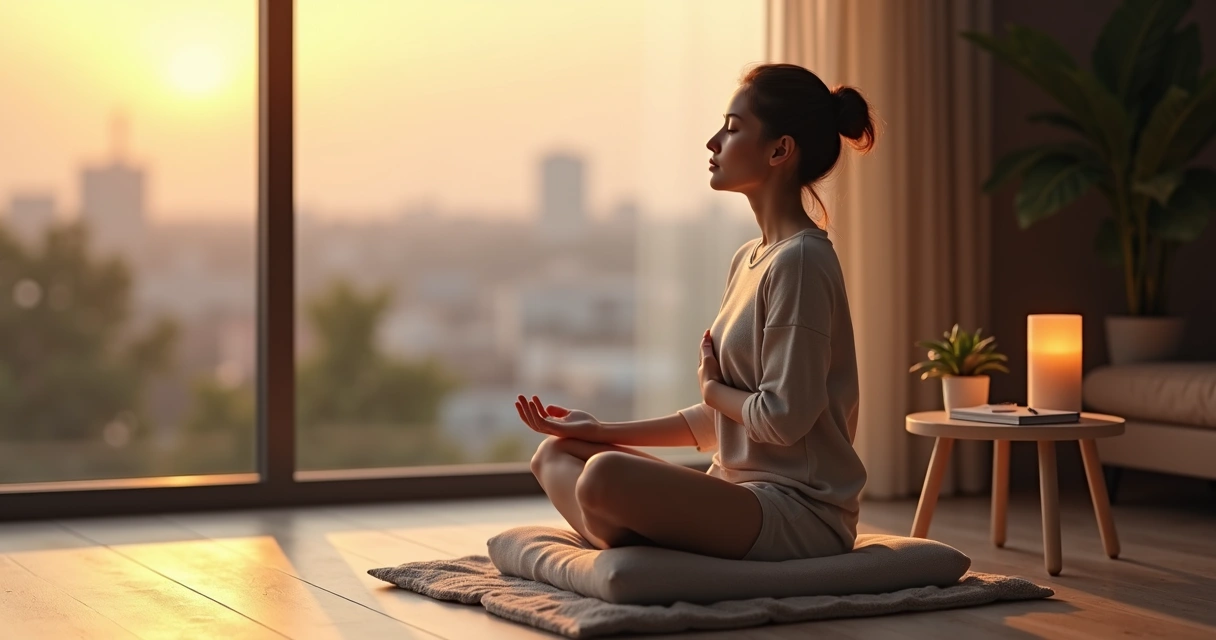 Persona meditando con gesto de autocompasión frente a una ventana al atardecer 