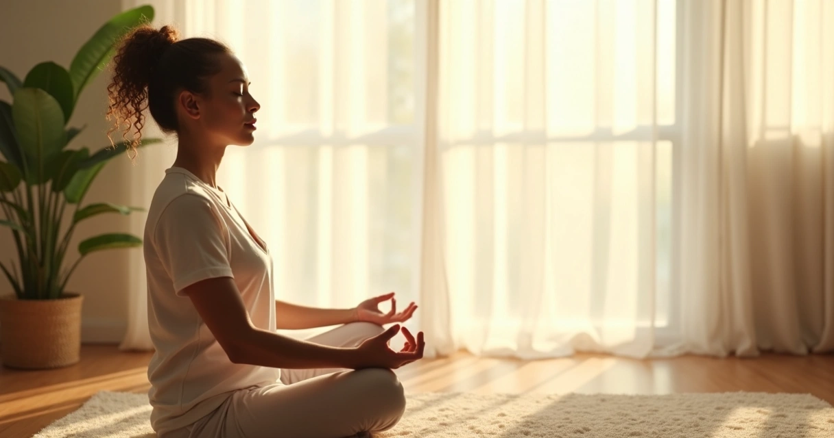 Persona sentada en postura meditativa rodeada de luz suave 