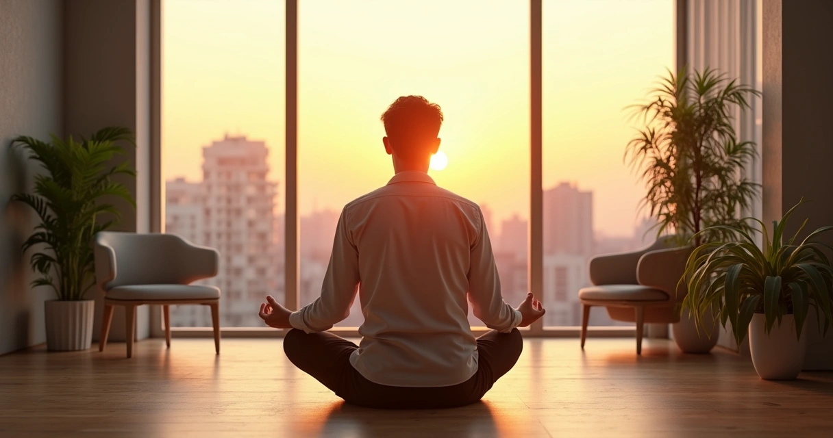 Persona sentada en meditación frente a ventana en oficina, con luz suave al amanecer 