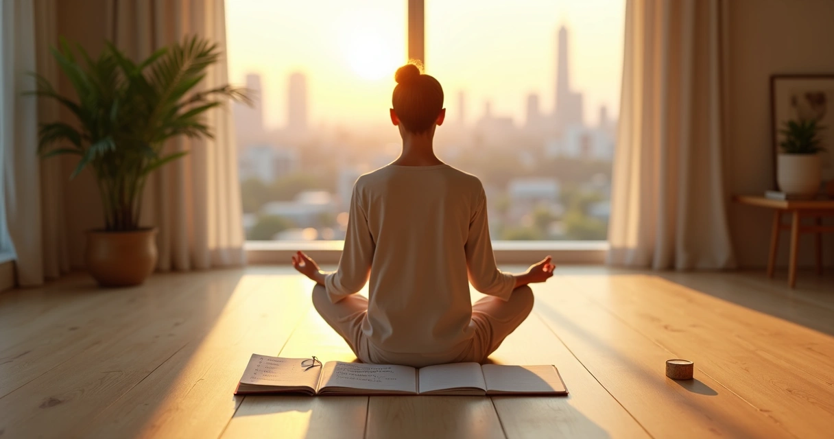 Persona meditando frente a un cuaderno con preguntas de autoconocimiento 