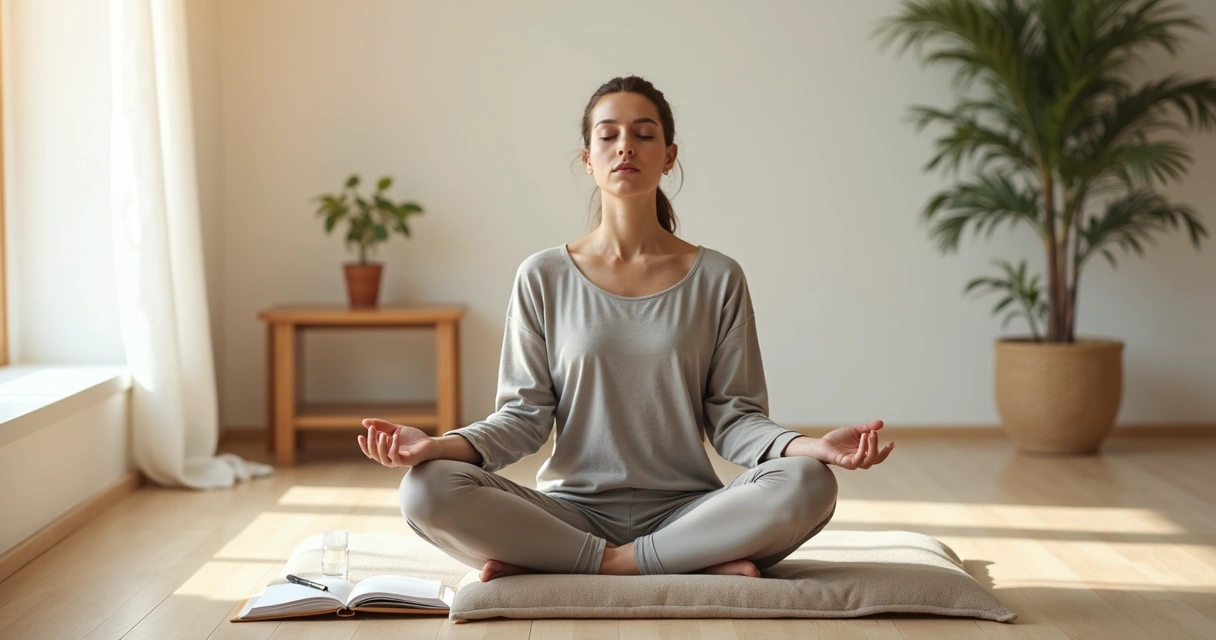 Persona sentada en meditación en una sala minimalista con luz natural 