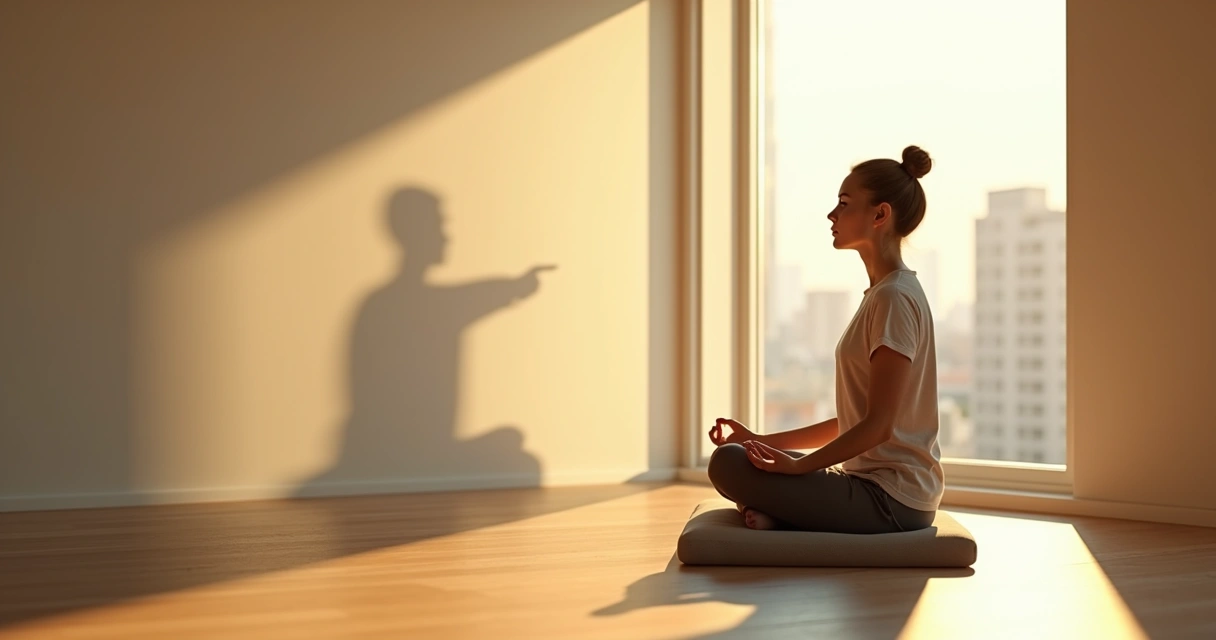 Persona meditando con una sombra crítica detrás y luz entrando por la ventana 