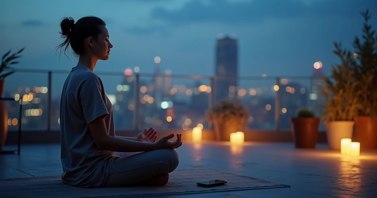 Persona sentada en una azotea nocturna meditando mientras un móvil silencioso reposa a su lado 
