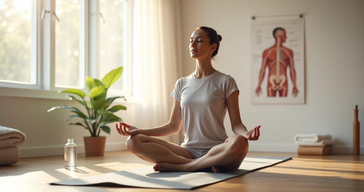Persona sentada meditando en postura de loto en una habitación luminosa 